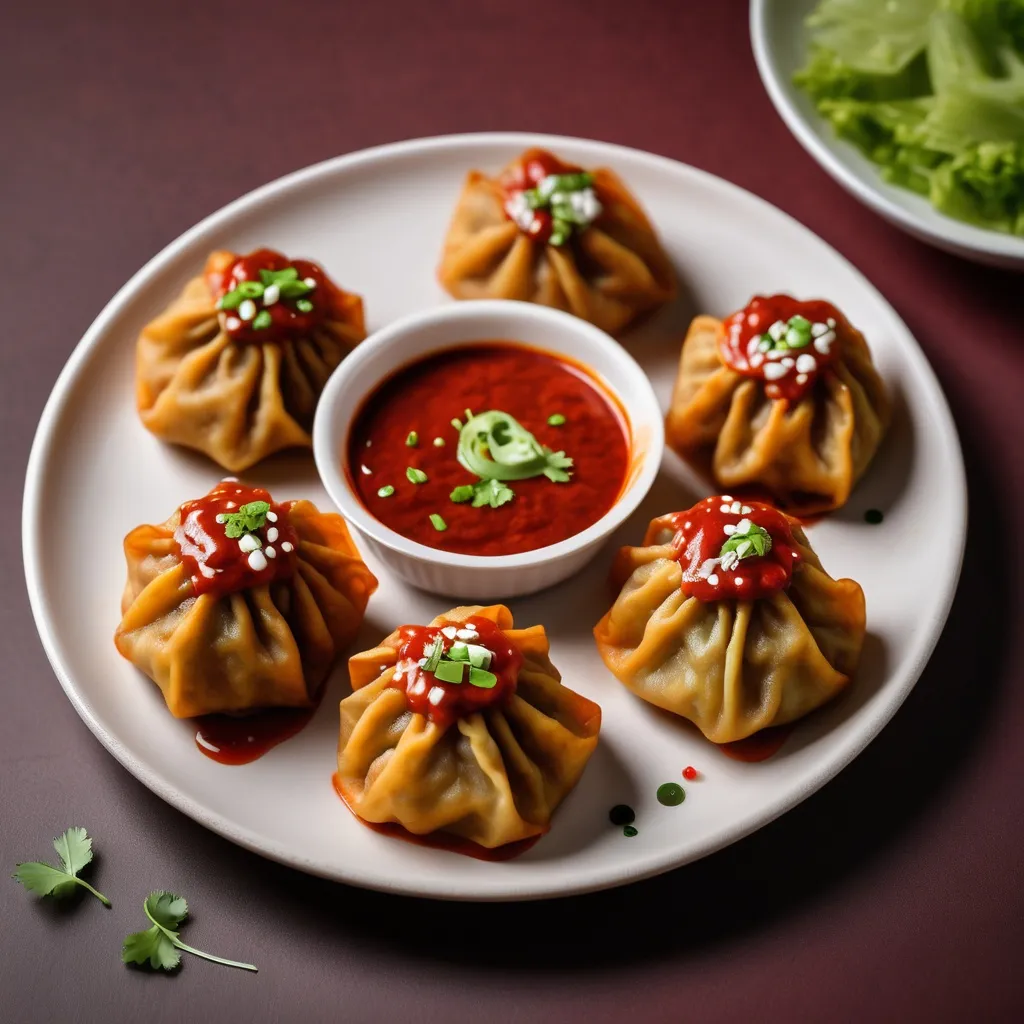 Prompt: 6 pieces of fried momos plated neatly and served with red sauce