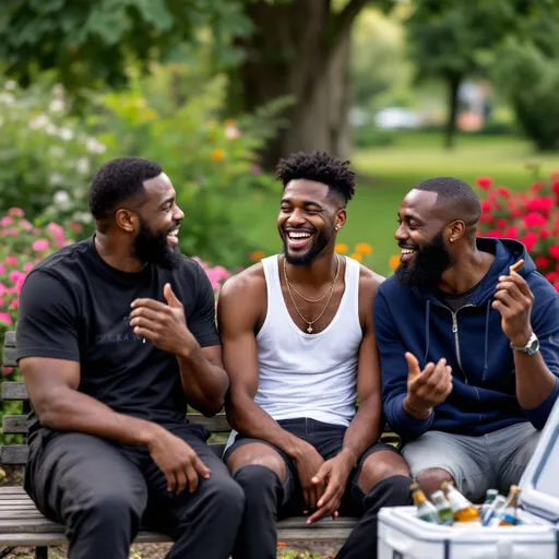 Prompt: black men outdoors talking in a park in casual clothes. cigars and drinks
