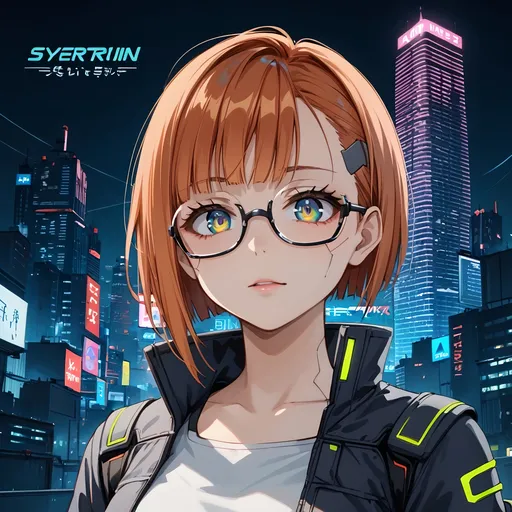 Prompt: cyberpunk woman portrait, (anime style), short ginger hair, wearing glasses, vibrant neon colors, moody atmosphere, futuristic cityscape background, dynamic lighting effects, high detail, 4K resolution, modern aesthetic.