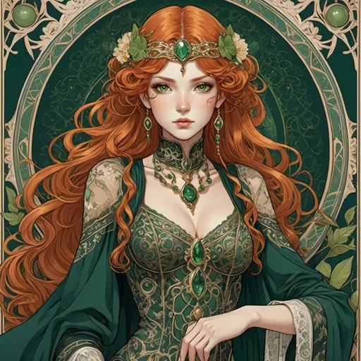 Prompt: Exquisite tarot card anime illustration featuring a character with detailed, ornate clothing. The attire includes intricate lace and luxurious velvet fabrics. The character has ginger hair of medium length and captivating dark green eyes, adding a touch of mystique to the image. Art is stylized a bit like Alfons Mucha art.