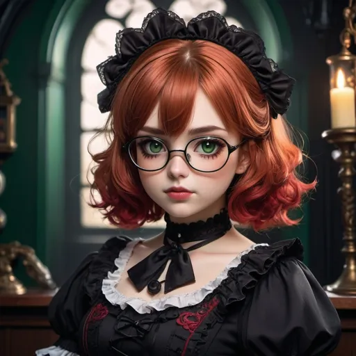 Prompt: Anime adult girl with medium (ginger hair), dark (green eyes), wearing red (glasses), featuring a (chubby cute face), adorned in dramatic (gothic lolita clothes), exhibiting an edgy yet charming vibe, against a captivating (dark, moody background), enhanced with soft lighting, ultra-detailed, vibrant colors, conveying a whimsical yet gothic atmosphere, showcasing mysterious and friendly vibe.