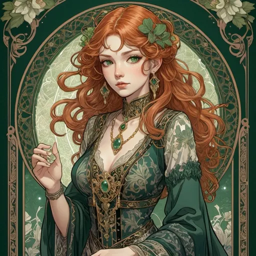 Prompt: Exquisite tarot card anime illustration featuring a character with detailed, ornate clothing. The attire includes intricate lace and luxurious velvet fabrics. The character has ginger hair of medium length and captivating dark green eyes, adding a touch of mystique to the image. Art is stylized a bit like Alfons Mucha art.