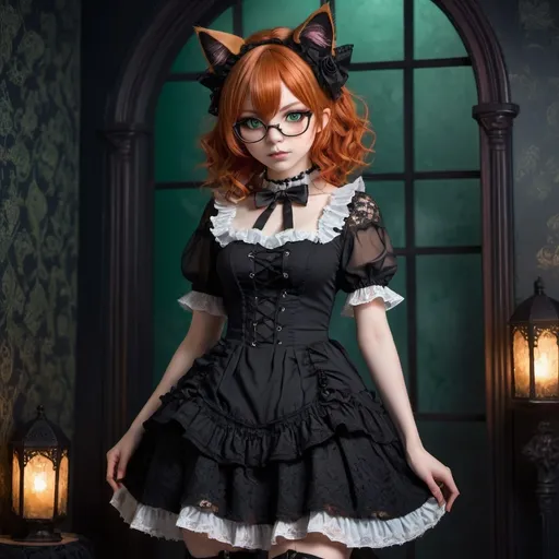 Prompt: Anime adult girl, (full body view), (cute pose), medium ginger hair, (cat ears), glasses, dark green eyes, gothic lolita clothing, detailed lace and ruffles, richly textured fabric, atmospheric gothic background, moody lighting, whimsical yet elegant vibe, enchanting and playful spirit, vibrant colors for an intense look, (highly detailed), (ultra-detailed).