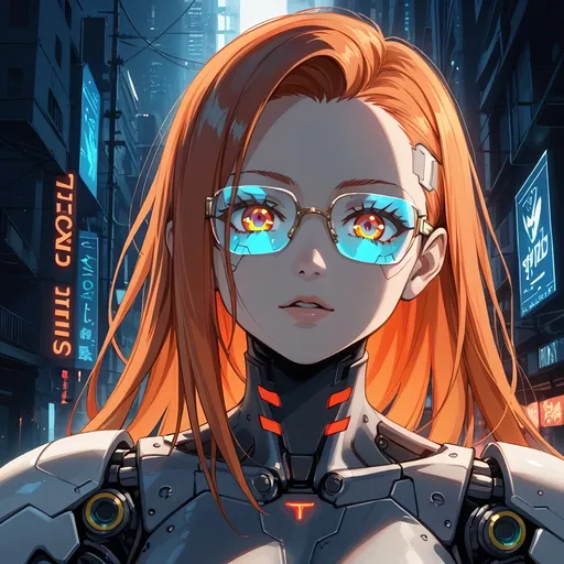 Prompt: anime portrait, (portrait of a robotic woman), cyberpunk aesthetic, vibrant neon colors, ginger hair, stylish glasses, futuristic enhancements, intricate robotic details, expressive eyes, dynamic lighting, urban futuristic background, ultra-detailed, high quality, (digital art), captivating, sleek design.