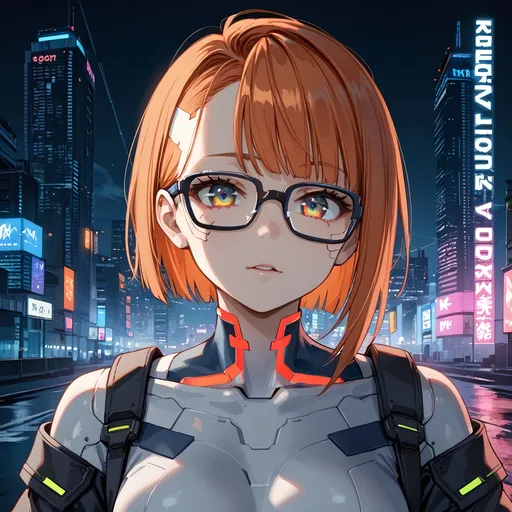 Prompt: cyberpunk woman portrait, (anime style), short ginger hair, wearing glasses, vibrant neon colors, moody atmosphere, futuristic cityscape background, dynamic lighting effects, high detail, 4K resolution, modern aesthetic.