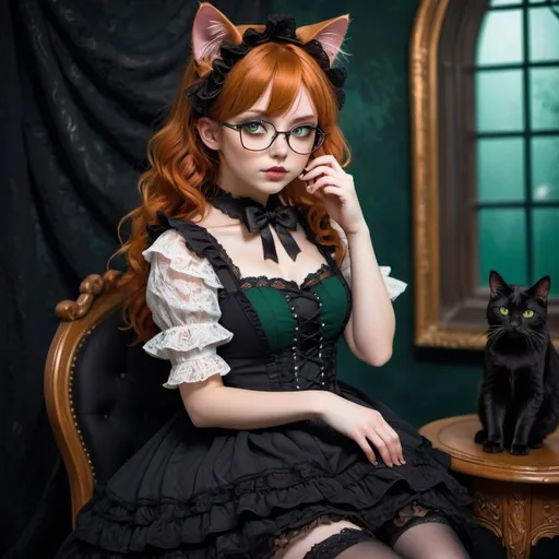 Prompt: Anime adult girl, (full body view), (cute pose), medium ginger hair, (cat ears), glasses, dark green eyes, gothic lolita clothing, detailed lace and ruffles, richly textured fabric, atmospheric gothic background, moody lighting, whimsical yet elegant vibe, enchanting and playful spirit, vibrant colors for an intense look, (highly detailed), (ultra-detailed).