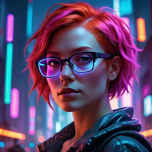 Prompt: A striking (cyberpunk portrait) of a woman, sporting stylish glasses and vibrant short red hair, illuminated by neon lights, creating a futuristic ambiance. The background features a bustling, dystopian cityscape with glowing signs and towering skyscrapers. The color palette is vivid, filled with blues, purples, and pinks, adding to the (dynamic and gritty) atmosphere. Details in high definition, showcasing the character's striking features and confident demeanor. Anime style