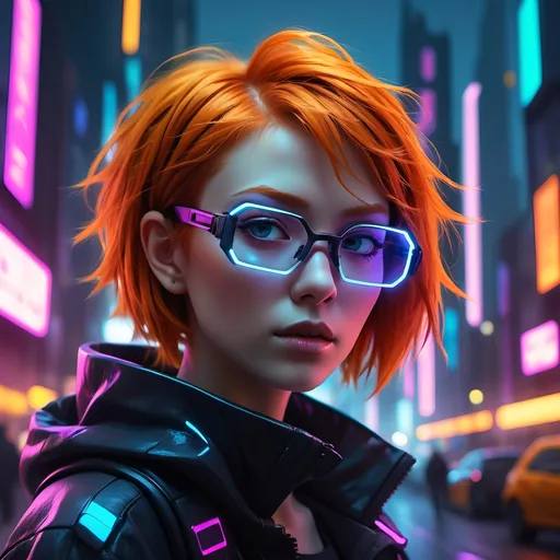 Prompt: (Anime style), Portrait of a Cyberpunk woman, short ginger hair, sleek futuristic glasses, vibrant neon colors, high-tech city background, illuminated streets, moody atmosphere, dynamic lighting, sharp contrasts, captivating expression, detailed facial features, modern fashion elements, HD quality, ultra-detailed aesthetic.