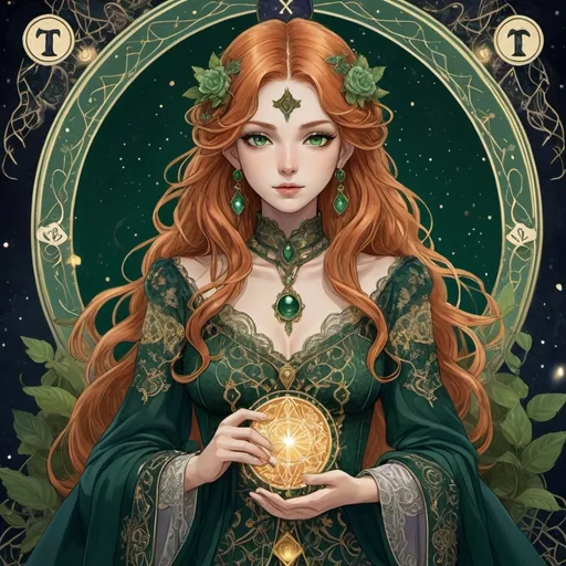 Prompt: tarot card Anime illustration, detailed ormendted clothes, lace and Velvet clothes, ginger medium hair, dark green eyes.