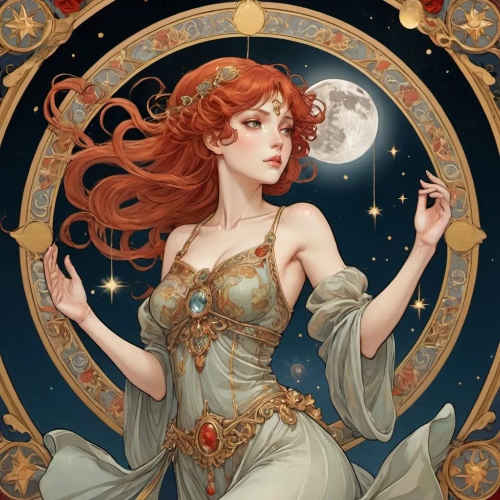 Prompt: Style of Tarot Anime. The image shows her entire figure. The woman is in a dynamic pose. The background is ornate with a lot of detail. The woman has red hair that floats around her like in the paintings of Alfons Mucha. She has big hazel eyes. The woman is dressed in a dress made of a slightly transparent, airy material, on which decorations and ornaments are visible. Background motive is moon, stars and gold. Dramatic lightning from behind.