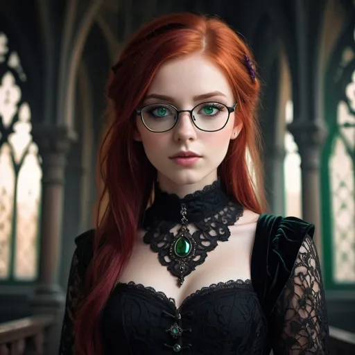 Prompt: (red-haired girl), (wears glasses),green eyes, charming and cute face, dressed in striking gothic attire, draped in dark lace and velvet, showcasing intricate patterns, atmospheric lighting casting soft shadows, a hint of mysterious allure, background featuring eerie gothic architecture, (ultra-detailed), (vibrant colors), creating a captivating and intriguing vibe. 