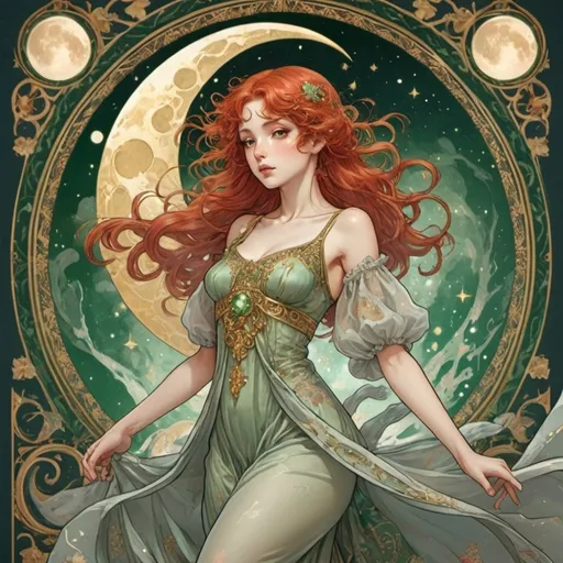 Prompt: Style of Tarot Anime. The image shows her entire figure. The woman is in a dynamic pose. The background is ornate with a lot of detail. The woman has red hair that floats around her like in the paintings of Alfons Mucha. She has big hazel eyes. The woman is dressed in a dress made of a slightly transparent, airy material, on which decorations and ornaments are visible. Background motive is moon, stars and gold. Dramatic lightning from behind. Girl dress is white and green.