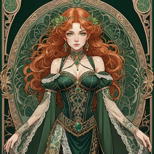 Prompt: Exquisite tarot card anime illustration featuring a character with detailed, ornate clothing. The attire includes intricate lace and luxurious velvet fabrics. The character has ginger hair of medium length and captivating dark green eyes, adding a touch of mystique to the image. Art is stylized a bit like Alfons Mucha art. Full body view.