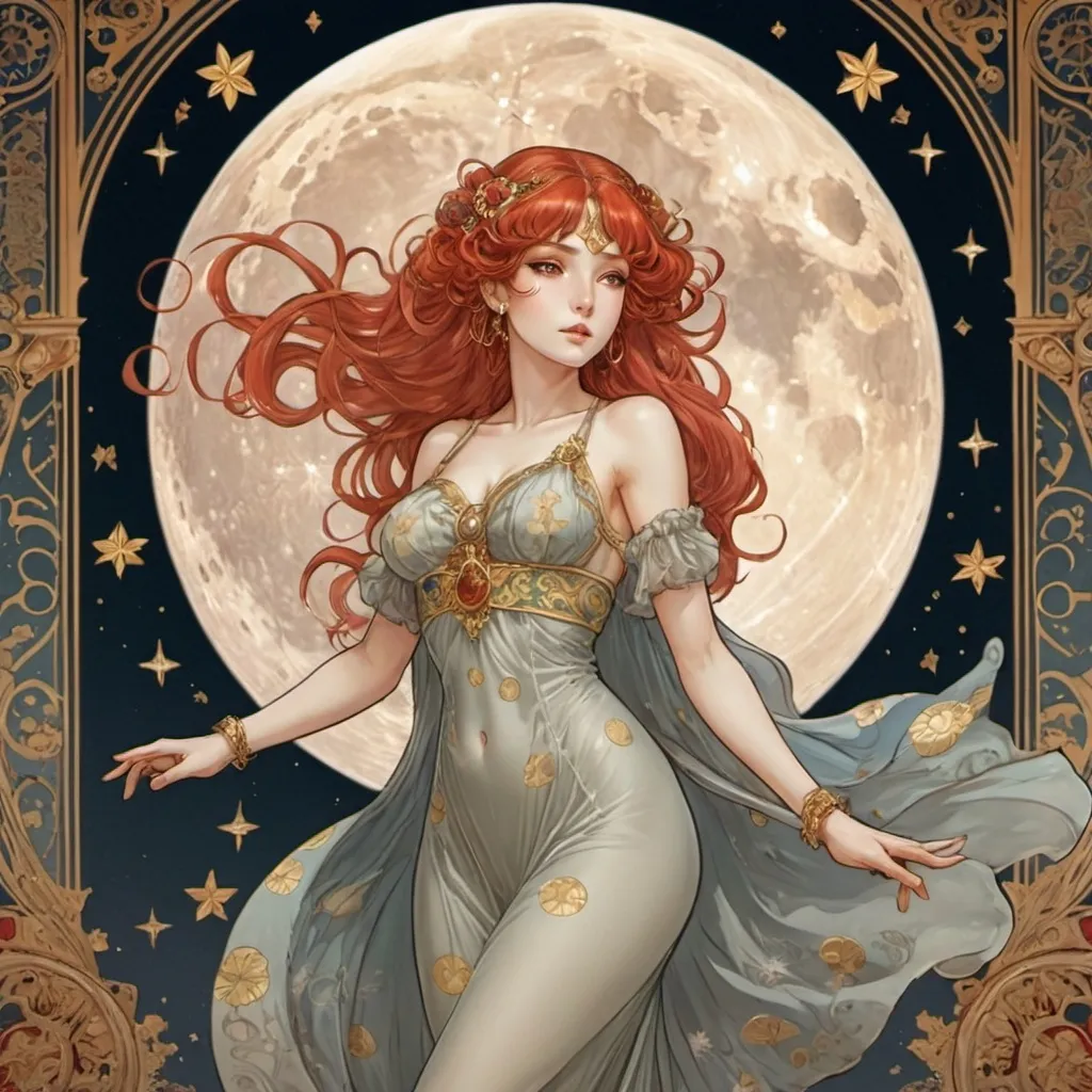 Prompt: Style of Tarot Anime. The image shows her entire figure. The woman is in a dynamic pose. The background is ornate with a lot of detail. The woman has red hair that floats around her like in the paintings of Alfons Mucha. She has big hazel eyes. The woman is dressed in a dress made of a slightly transparent, airy material, on which decorations and ornaments are visible. Background motive is moon, stars and gold.