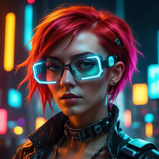 Prompt: Portrait of (female figure) from Cyberpunk universe, (short red hair), (stylish glasses), futuristic attire with neon accents, intricate tech-inspired jewelry, urban background with vibrant neon lights, high-tech atmosphere, edgy and captivating expression, (moody lighting), characterized by rich, saturated colors, showcasing an ultra-detailed, 4K resolution to emphasize the advanced technology and dynamic essence of the Cyberpunk theme.