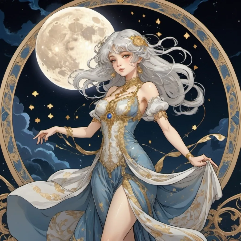 Prompt: Style of Tarot Anime. The image shows her entire figure. The woman is in a dynamic pose. The background is ornate with a lot of detail. The woman has white hair that floats around her like in the paintings of Alfons Mucha. She has big golden eyes. The woman is dressed in a dress made of a slightly transparent, airy material, on which decorations and ornaments are visible. Background motive is moon, stars, dark blue and gold. Dramatic lightning from behind. Women's dress is white and blue. Anime  adult face.