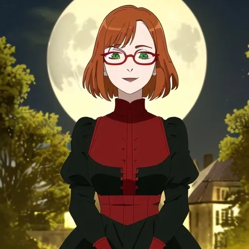 Prompt: (Short girl), medium length ginger hair with bangs, (wearing red glasses), sparkling dark green eyes that appear almost brown, a cheerful expression, goth outfit, standing in full moon outdoor setting, warm colors, soft lighting, inviting atmosphere, (ultra-detailed), capturing the joyful essence of youthfulness.
