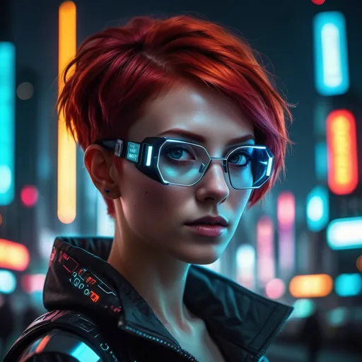 Prompt: Portrait of (Cyberpunk woman), wearing sleek futuristic glasses, vibrant short red hair, detailed facial features, striking gaze, neon lights reflecting on her face, high-tech accessories, (city skyline background) with glowing advertisements, dark atmospheric setting, (cool tones) with dramatic shadows, ultra-detailed, HD quality.