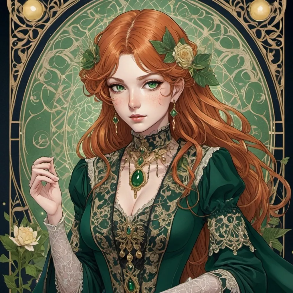 Prompt: Exquisite tarot card anime illustration featuring a character with detailed, ornate clothing. The attire includes intricate lace and luxurious velvet fabrics. The character has ginger hair of medium length and captivating dark green eyes, adding a touch of mystique to the image