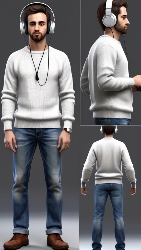 Prompt: I need a realistic full-body image of a person. The person should be standing not too widely, wearing a shirt with a sweater over it, holding a laptop in their hands, and with headphones around their neck. The background should be white.