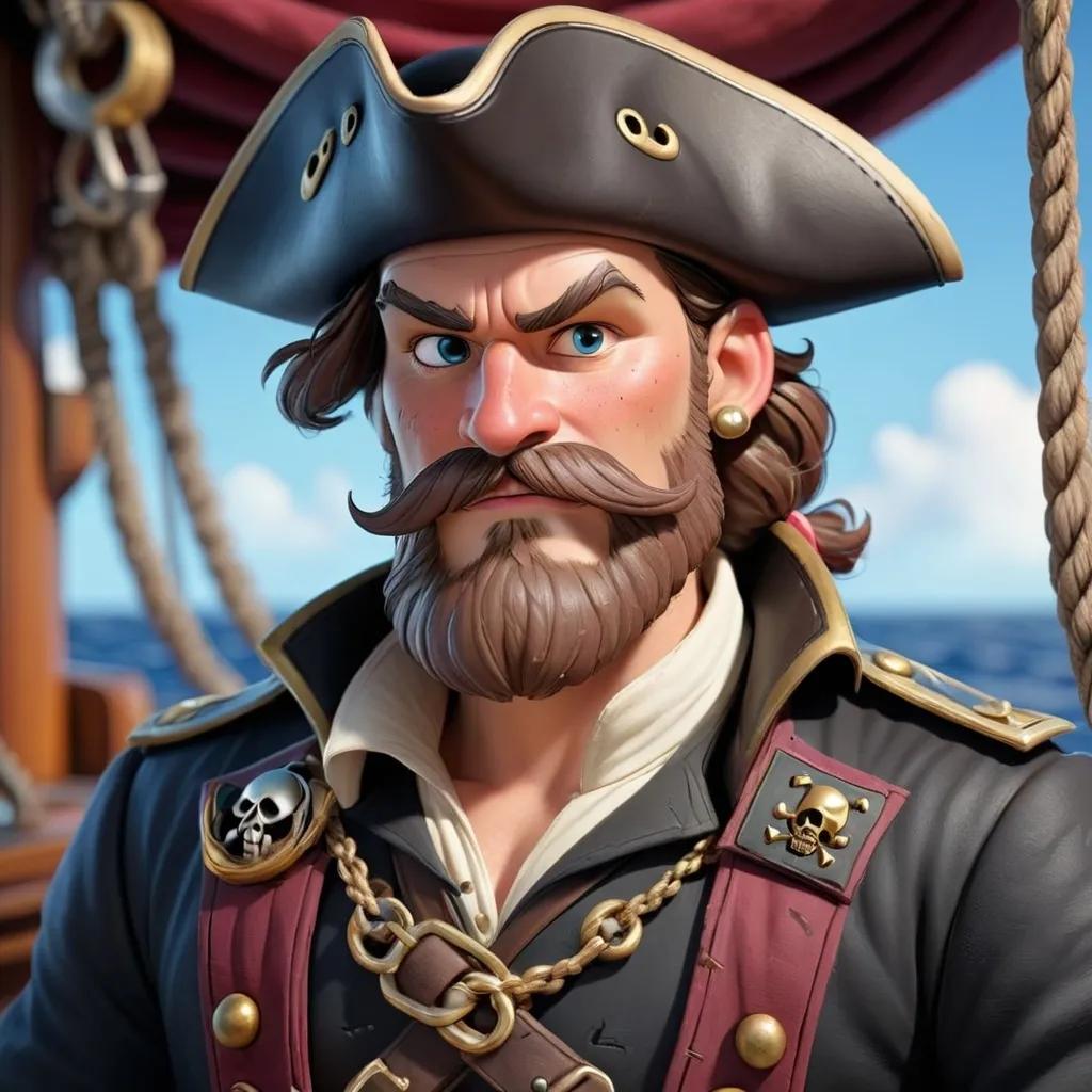 Prompt: A young male ship captain who is on the deck of the ship and has a pirate necklace and is legendary and is stronger than the whole world and has a big mustache and beard and has a big body and white skin and his face is the image of West.
