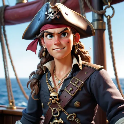 Prompt: A young ship captain who is on the ship's deck and has a pirate necklace and is legendary and stronger than the whole world.