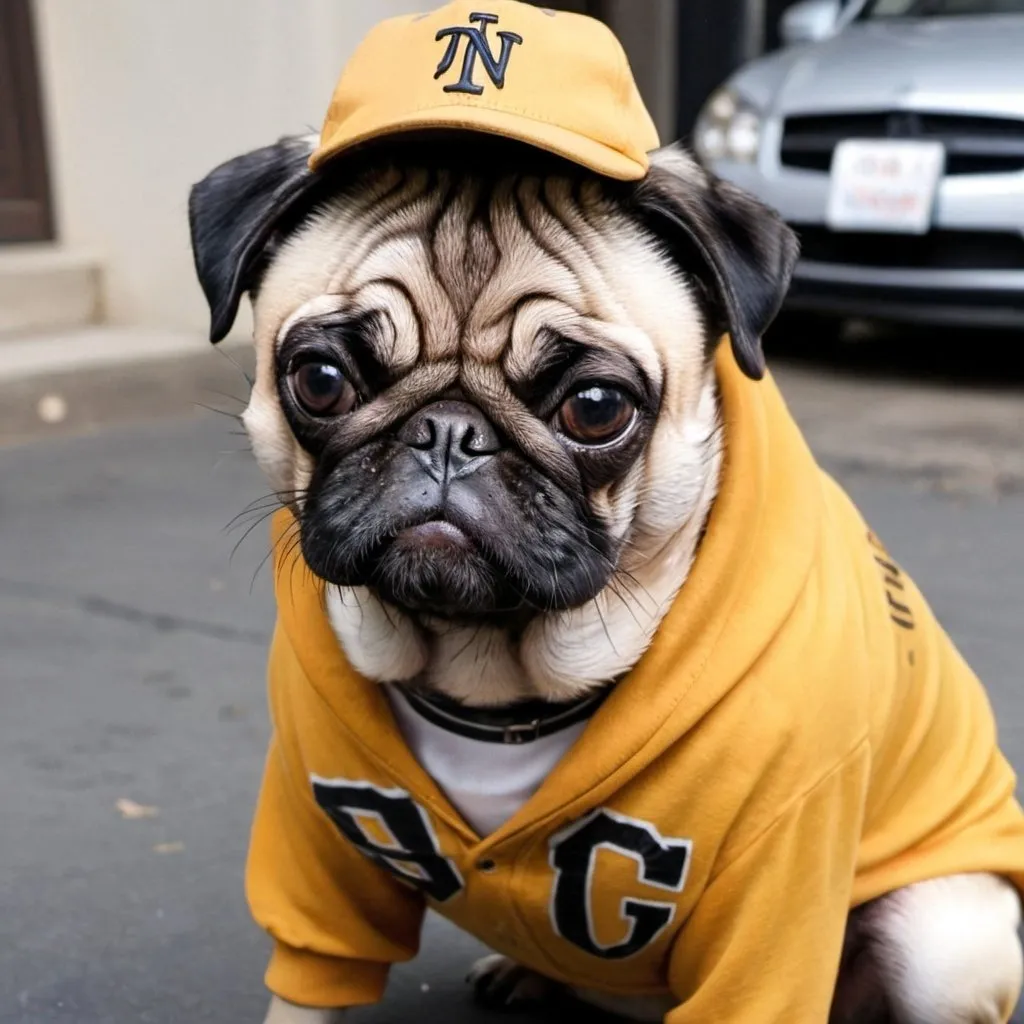 Prompt: Perro pug con tupac shakur de mascota