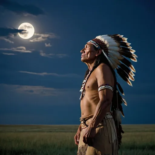 Prompt: On a clouded full moon night, in the plains, a lonely native American looks at the sky in despair, national geographic. --ar 16:9 --V 6.0