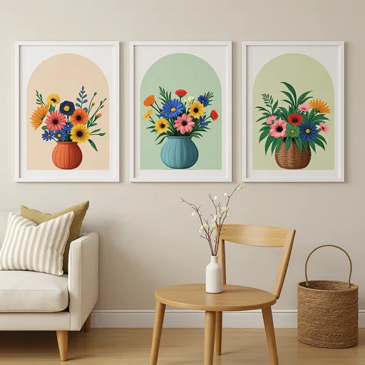 Prompt: Showcase these beautiful floral frames in a cozy room setting. Start with a wide shot of the full wall, then zoom in on each frame to highlight the details. Use smooth transitions, calming or trendy background music, and end with a call to action: