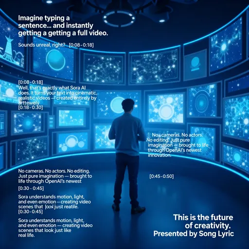 Prompt: Energetic futuristic beat starts
“Imagine typing a sentence… and instantly getting a full video. Sounds unreal, right?”

[0:08 – 0:18]
“Well, that’s exactly what Sora AI does. It turns your text into cinematic, realistic videos — created entirely by artificial intelligence.”

[0:18 – 0:30]
“No cameras. No actors. No editing. Just pure imagination — brought to life through OpenAI’s newest innovation.”

[0:30 – 0:45]
“Sora understands motion, light, and even emotion — creating video scenes that look just like real life.”

[0:45 – 0:50]Music builds and fades out
“This is the future of creativity.
Presented by Song Lyric