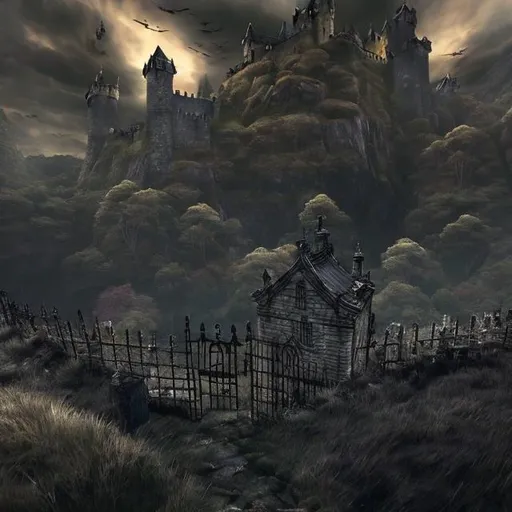 Prompt: Pained from below, a Scottish highland at dawn pained in anime style with castle at the top of the hill. The castle has been taken over by a necromancer for the last 100 years. The rightful heir stands at the gate preparing to enter. the skeletons and zombies from the family graveyard await him, ready for combat
