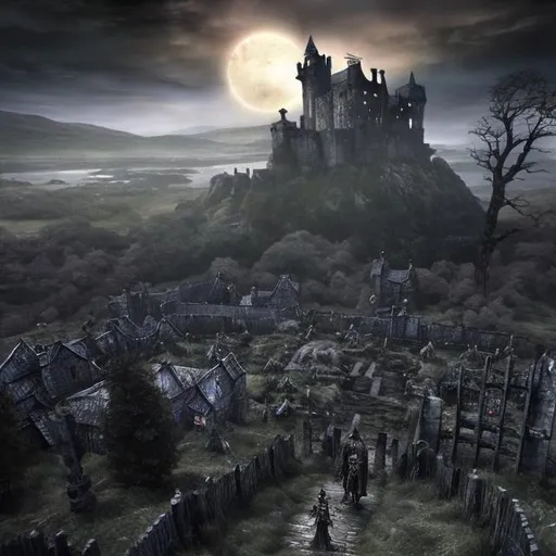 Prompt: Pained from below, a Scottish highland at dawn pained in anime style with castle at the top of the hill. The castle has been taken over by a necromancer for the last 100 years. The rightful heir stands at the gate preparing to enter. the skeletons and zombies from the family graveyard await him, ready for combat
