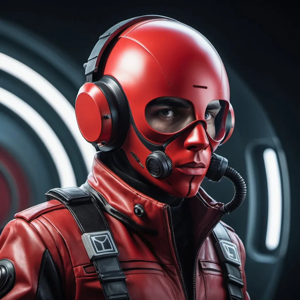 Prompt: A male character using a futuristic pilot uniform and a large full face red theatre mask