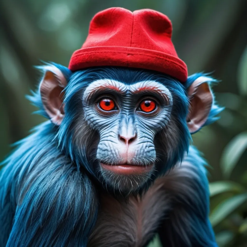 Prompt: a blue monkey with red eyes and a red hat