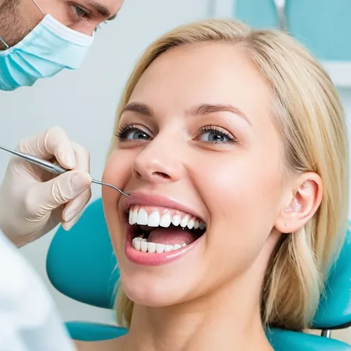 Prompt: A beautiful blonde doing a teeth check up at the dentist studio.