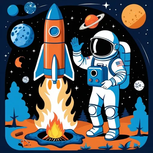 Prompt: astronaut, space, blue, rocket, camping, trip, picnic poster, fryer, announcement