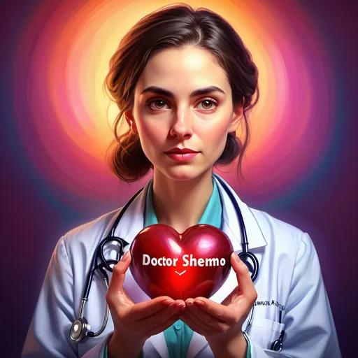 Prompt: A woman (contemplative expression), holding a heart shaped object with "(accurately spelled text "doctor shemo")" inscribed in it, vibrant colors, warm lighting, focusing on her gentle features, non-medical attire, serene background with soft gradients, emphasizing emotions of aspiration and passion, ultra-detailed, high quality.