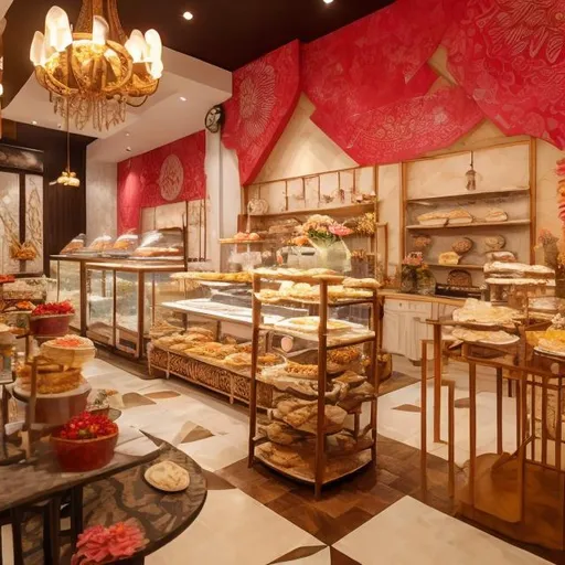 Prompt: a pastry and cake shop with batik theme with malaysian vibe