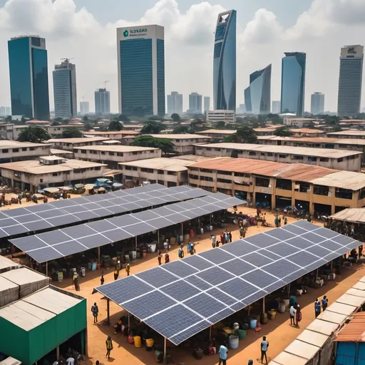 Prompt:  A bustling tech hub in Lagos with skyscrapers, tech startups, people using smartphones, fintech symbols, and renewable energy sources like solar panels.