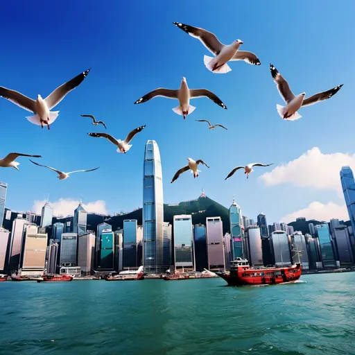 Prompt: Hong Kong harbour, seagulls, blue sky