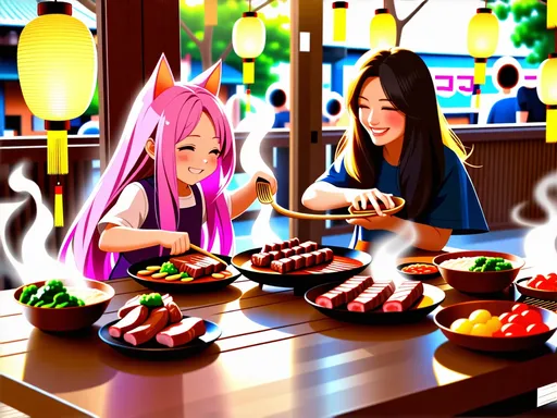 Prompt: anime, girl and mother, detailed, pink hair, shy, cat ears, very detailed. eat  south Korea barbecue together