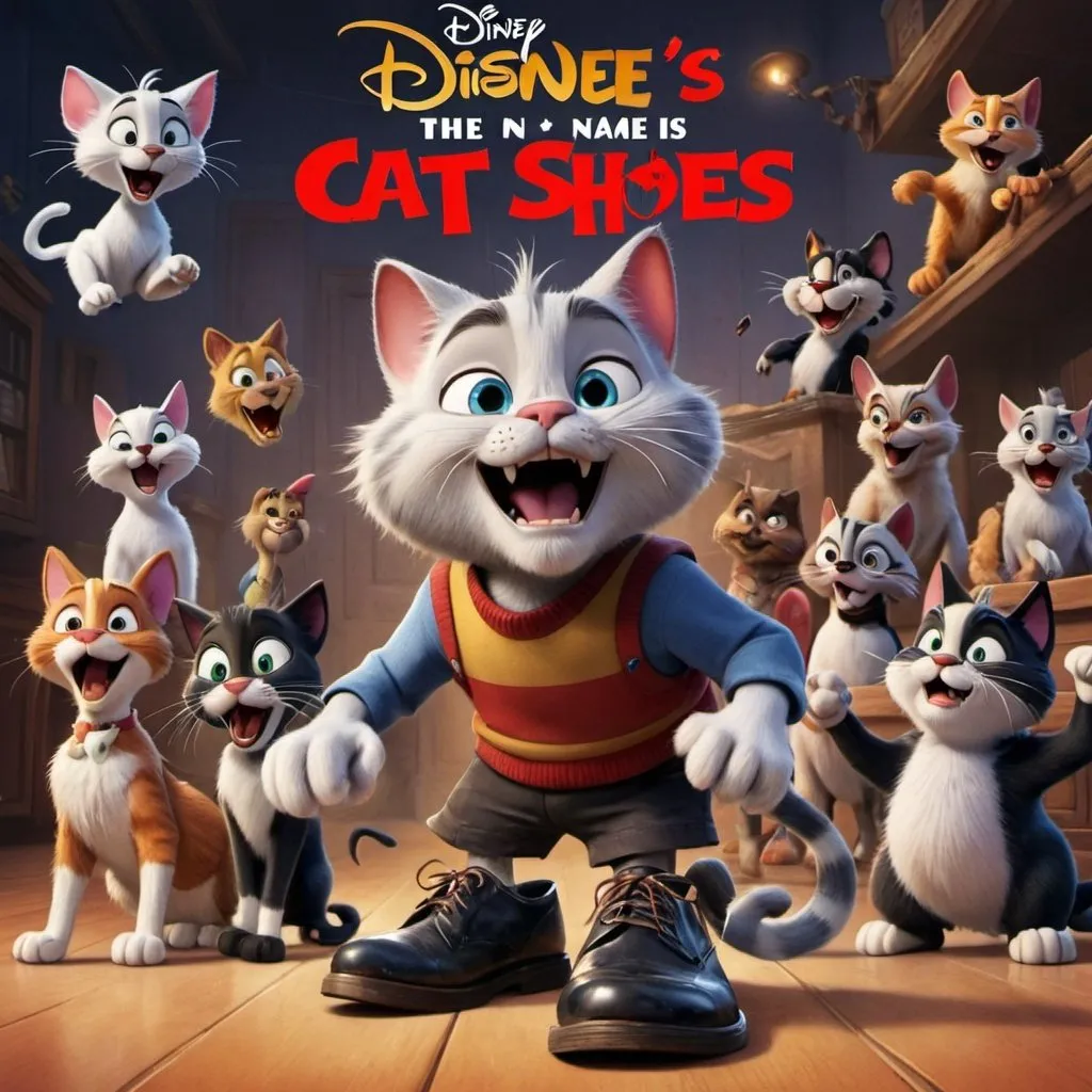 Prompt: disney cover. the movie's name is Cat in Shoes. there is a cat with shoes in the cover. the background has bad guys beaten by animals