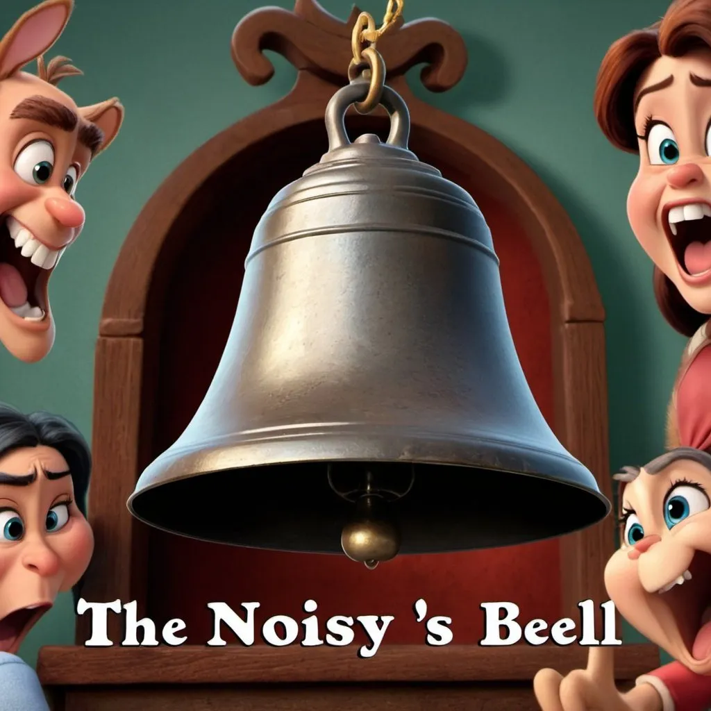 Prompt: disney movie called "  The Noisy Bell" the cover has a bell that is ringing. . . the backround: angry people  pointing at the  bell
