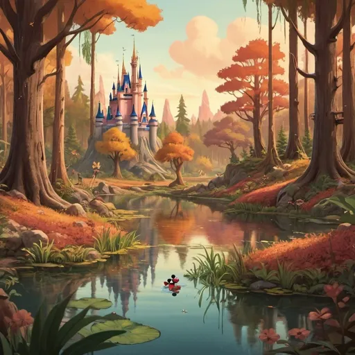 Prompt: disney movie: The Warm Forest. The cover has a forest with a pond.Warm Colors, detailed 