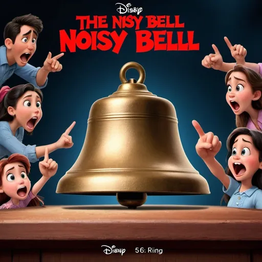 Prompt: disney movie called "  The Noisy Bell" the cover has a bell that is ringing. . . the backround: angry people  pointing at the  bell
