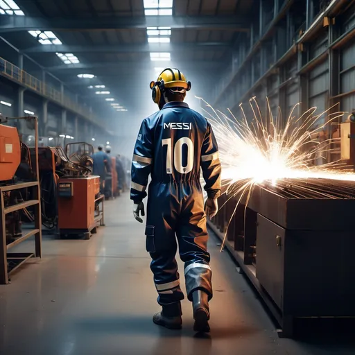 Prompt: Generate an image of a Messi-like football player in a factory setting. The player must be walking around the factory and observing a factory worker engaged in welding work. The worker is in full protective gear, and there should be industrial equipment and machinery in the background, with sparks flying from welding. The atmosphere is slightly gritty, with dim lighting to highlight the welding sparks