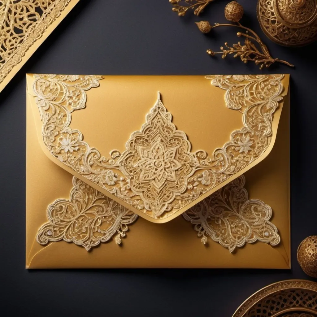 Prompt: A beautifully drawn (((Hari Raya Envelope))) in luxurious regal gold colors, with intricate patterns and ornate details along the edges, evoking an air of opulence and splendor