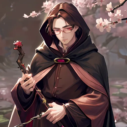 Prompt: Guy with glasses, brown hair, holding a cane, wearing a cloak, uninteresting expression, sakura garden backdrop, 3 circle pupils, red eye color, realistic, detailed, high quality, anime, sakura garden, brown hair, glasses, cloak, cane, uninteresting expression, detailed eyes, realistic lighting