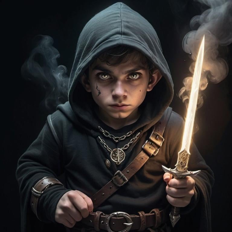 Prompt: a small lightfoot halfling, rogue, light skin glowing, bright magical light eyes, cursed talisman around his neck. thief, hoody, rough life, dark person. thief belt with dagger, smoke, evil,digital art, cinematic, arcane, painting, intense expression, dark tones, dramatic lighting, fantasy, epic