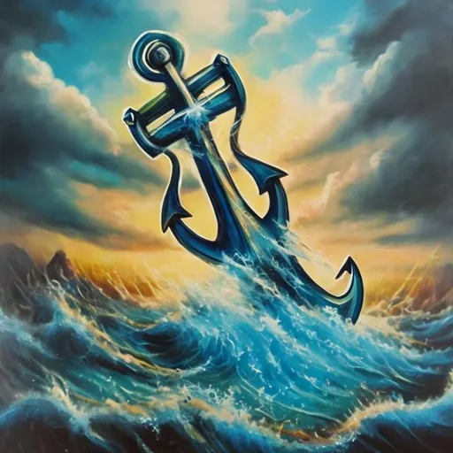 Prompt: An anchor in a sea tempest.
 Oil paint fantasy style